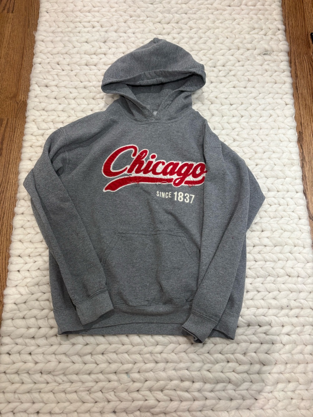 Gildan Gray Hoodie with Red Chicago Script